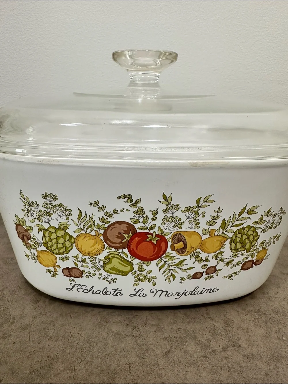 Vintage L’Echalote La Marjolaine White Casserole Dish Glass Lid CorningWare 3 qt
